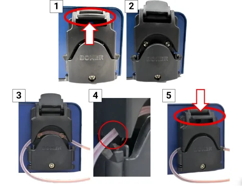 5 separate images of black tubing holder opening and closing