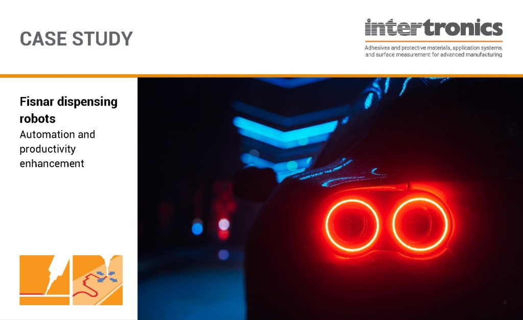 Image of F1 brake lights and the cover of a case study for robotics, adhesive and dispensing that was used to make them.